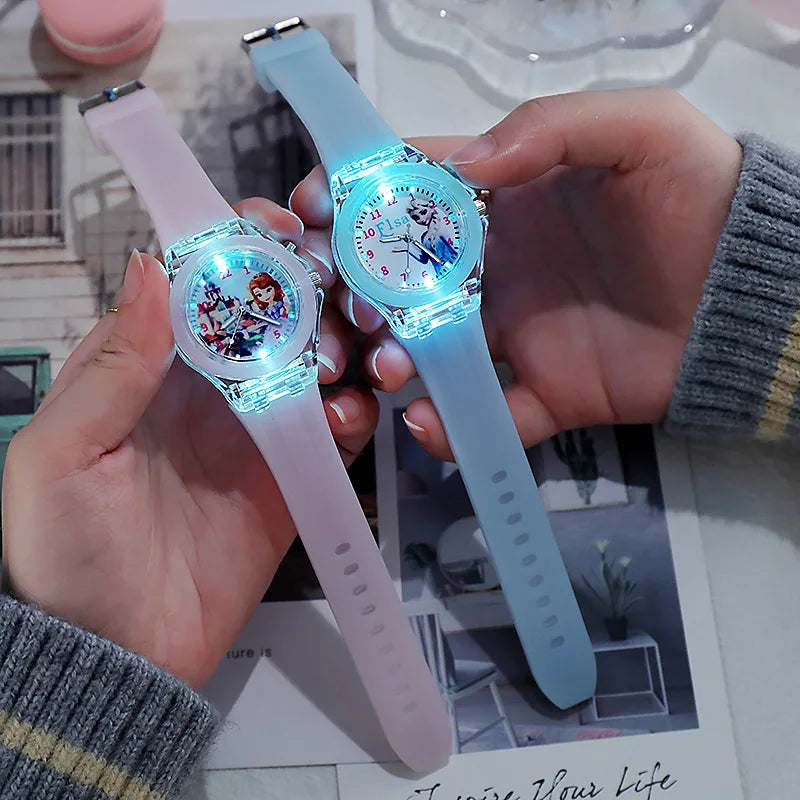 Disney Girls Kids Watches Children Watch Frozen Princess Aisha Sophia Luminous Student Colorful LED Light Women Lady Clock