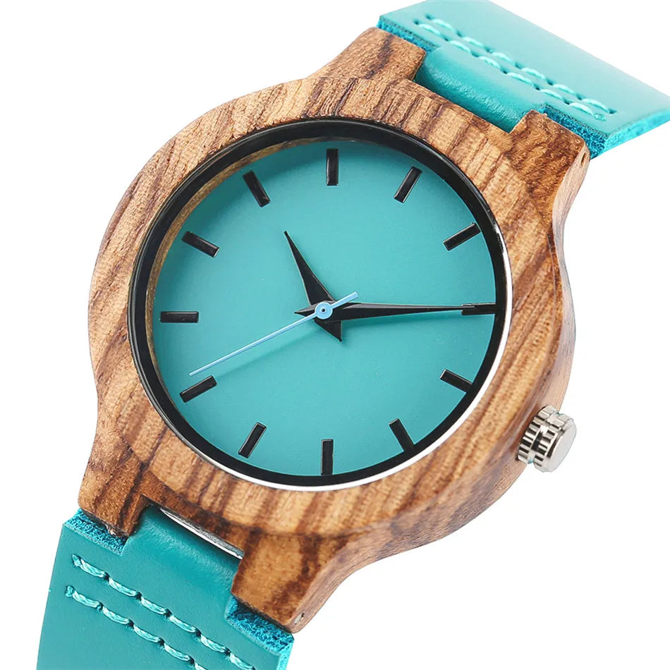 Unique Blue Genuine Leather Quartz Watch Men Women Fashion Minimalist Zebrawood Watch Case Couple Wristwatches Anniversary Gift