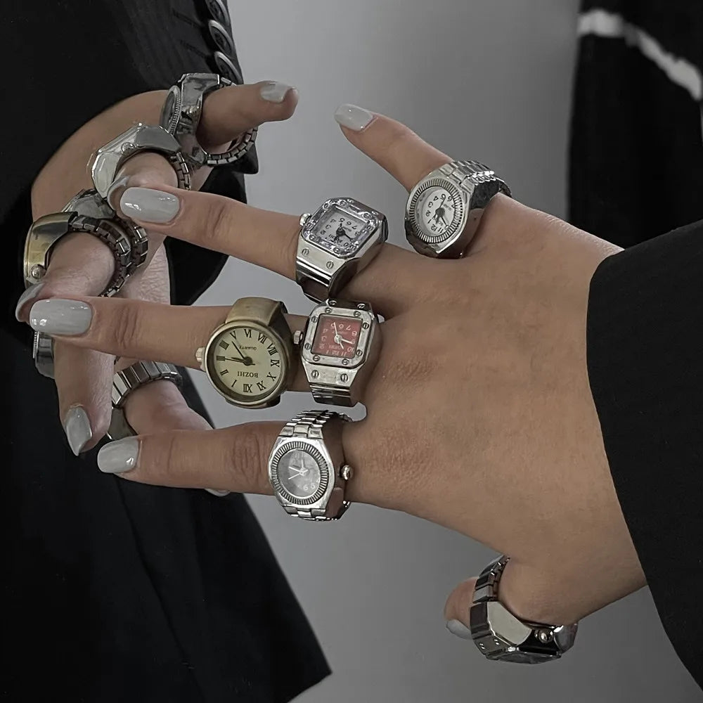 FFLACELL 2021 New Individuality Vintage Punk Elastic Stretchy Quartz Watch Rings for Women Man Hip-hop Couple Accessories