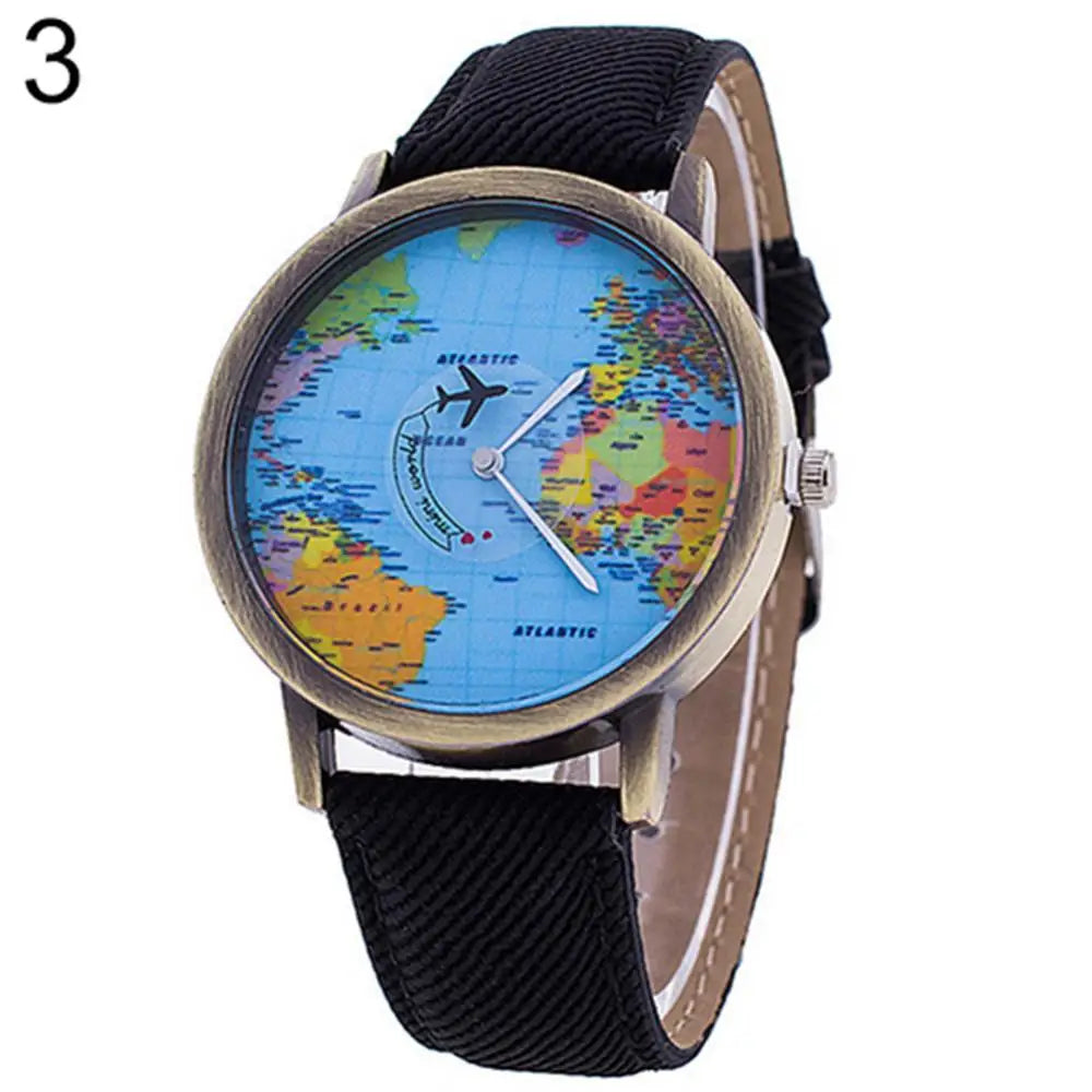 Hot Sale Mini World Fashion Quartz Watch Men Unisex Map Airplane Travel The World Women Leather Dress Wrist Watch Clock Fashion