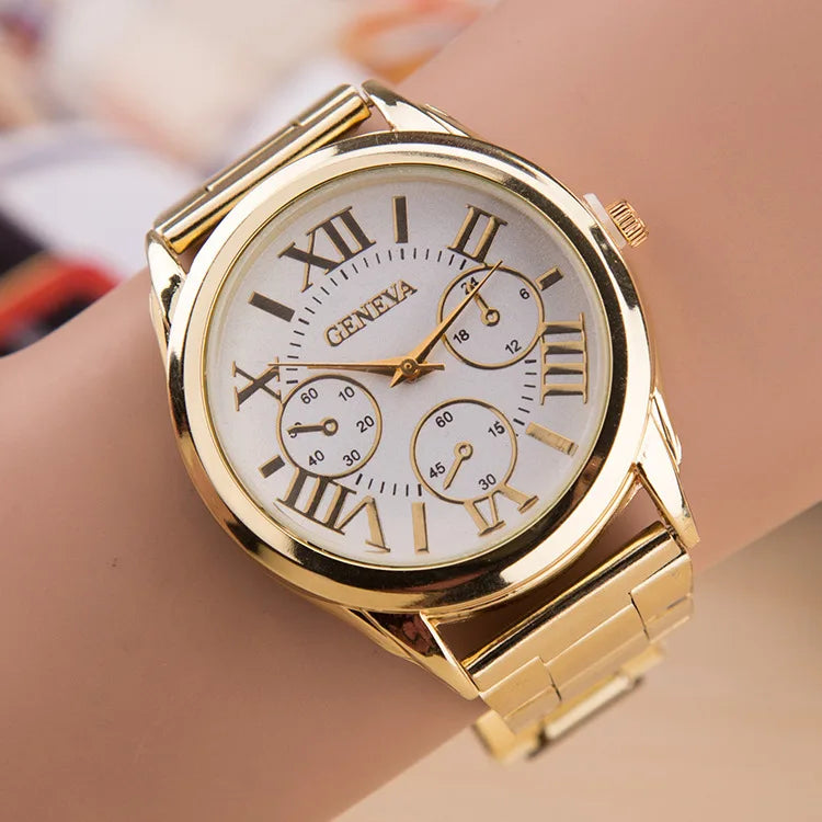 Top New Brand 3 Eyes Gold Geneva Casual Quartz Watch Women Stainless Steel Dress Watches Relogio Feminino Ladies Clock Hot Sale