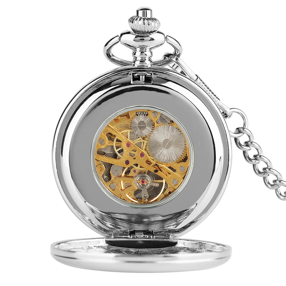 2020 New Arrival Smooth Design Double Full Hunter Skeleton Mechanical Pocket Watch for Men Steampunk Silver Hand Winding Watches