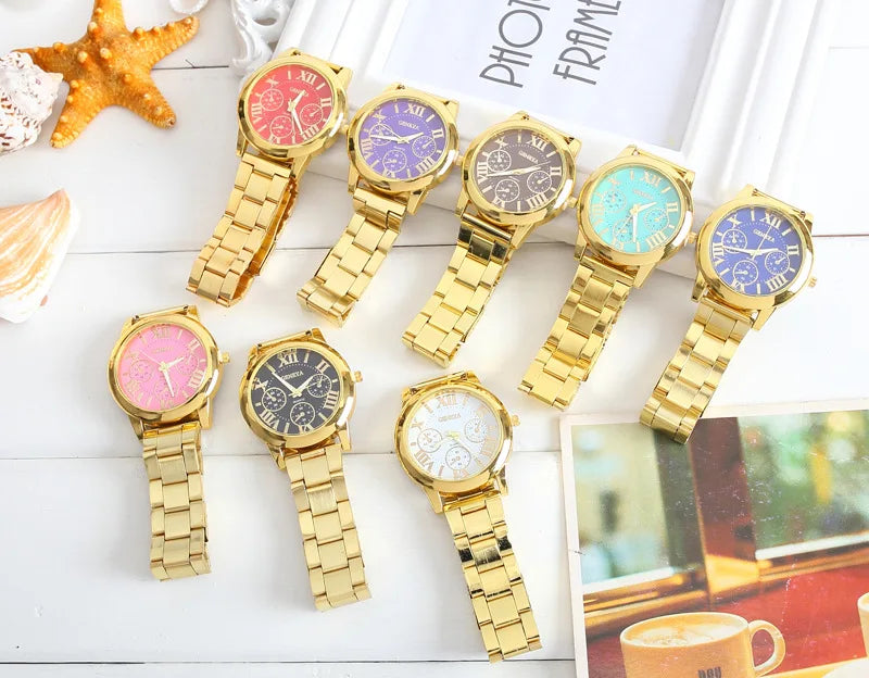 Top New Brand 3 Eyes Gold Geneva Casual Quartz Watch Women Stainless Steel Dress Watches Relogio Feminino Ladies Clock Hot Sale