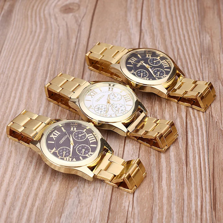 Top New Brand 3 Eyes Gold Geneva Casual Quartz Watch Women Stainless Steel Dress Watches Relogio Feminino Ladies Clock Hot Sale