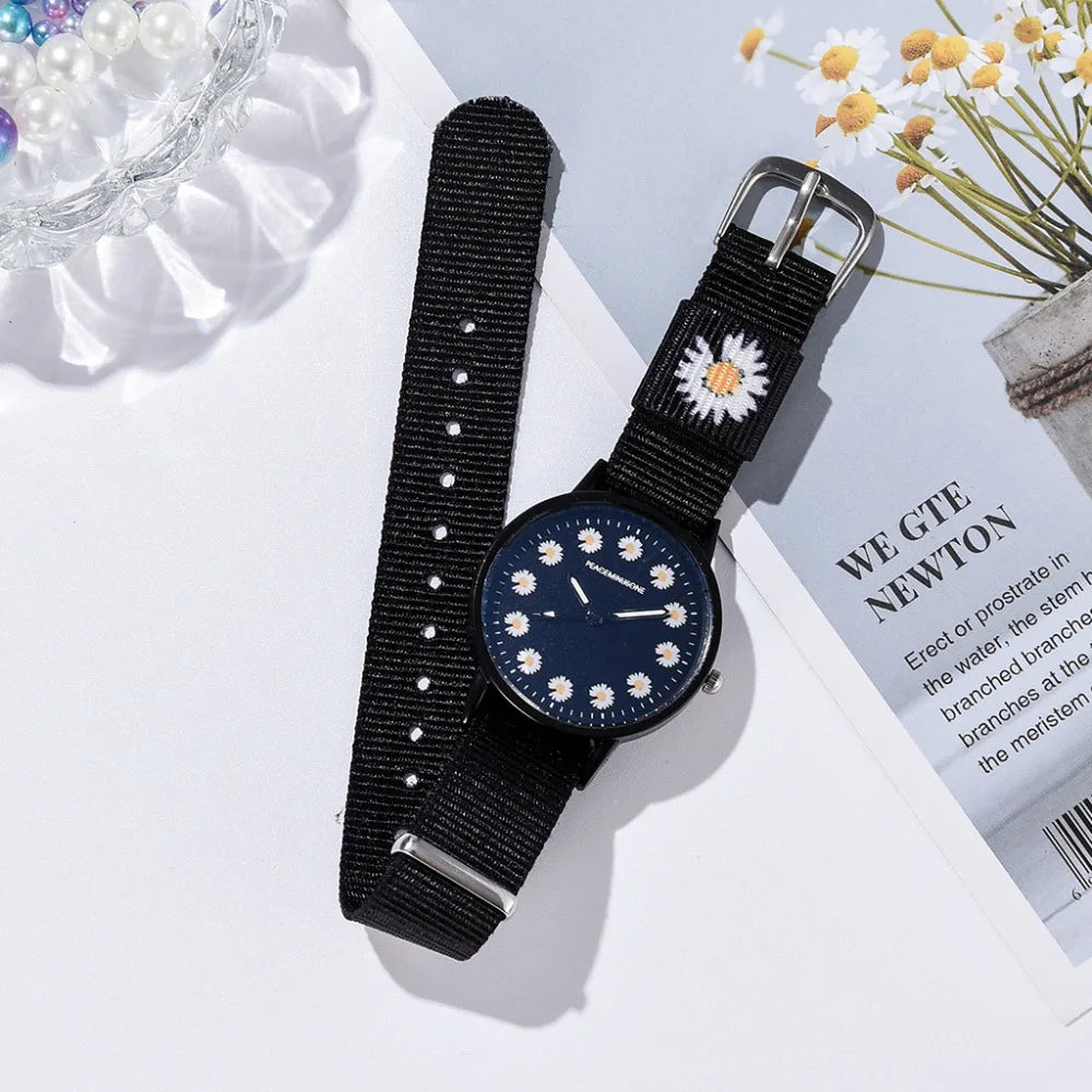 Women Watch Nylon Strap Daisy Flowers Ladies Wristwatches Fashion Watches Bracelet Set Quartz Clock Hot Sales relogio feminino