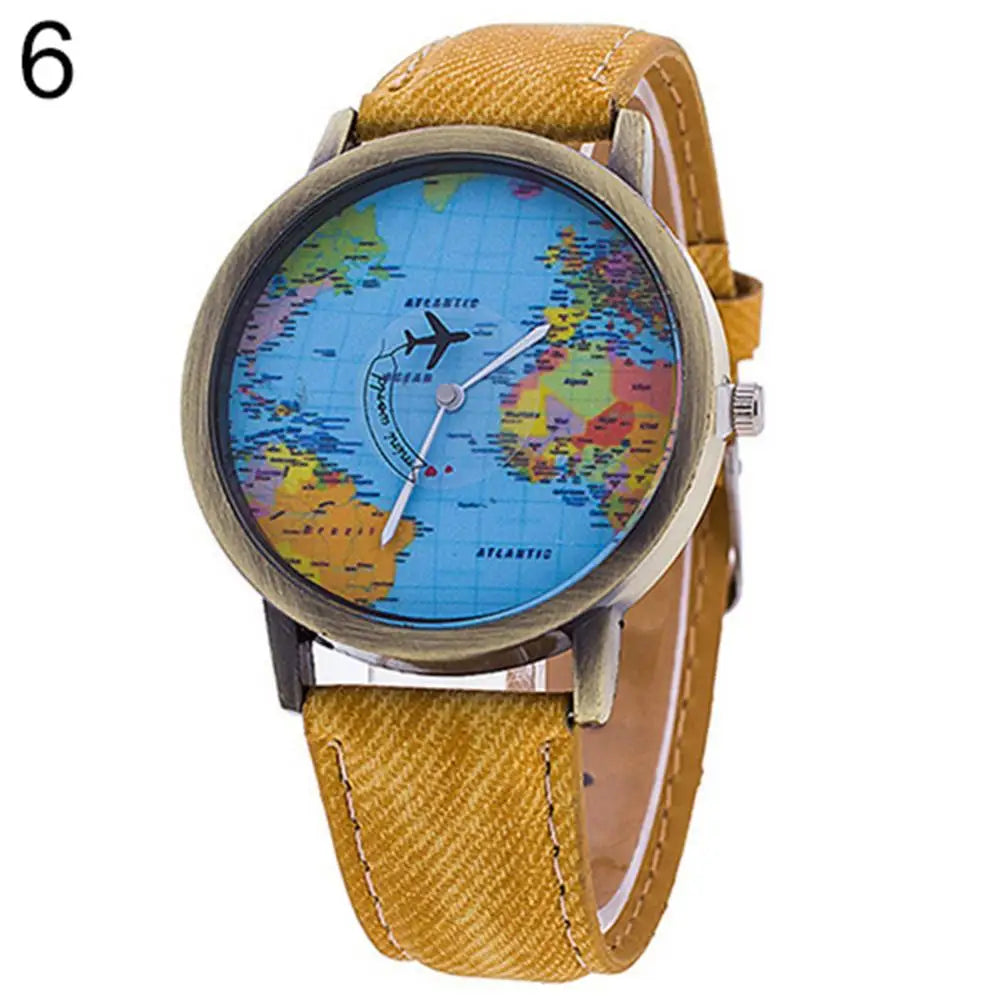 Hot Sale Mini World Fashion Quartz Watch Men Unisex Map Airplane Travel The World Women Leather Dress Wrist Watch Clock Fashion