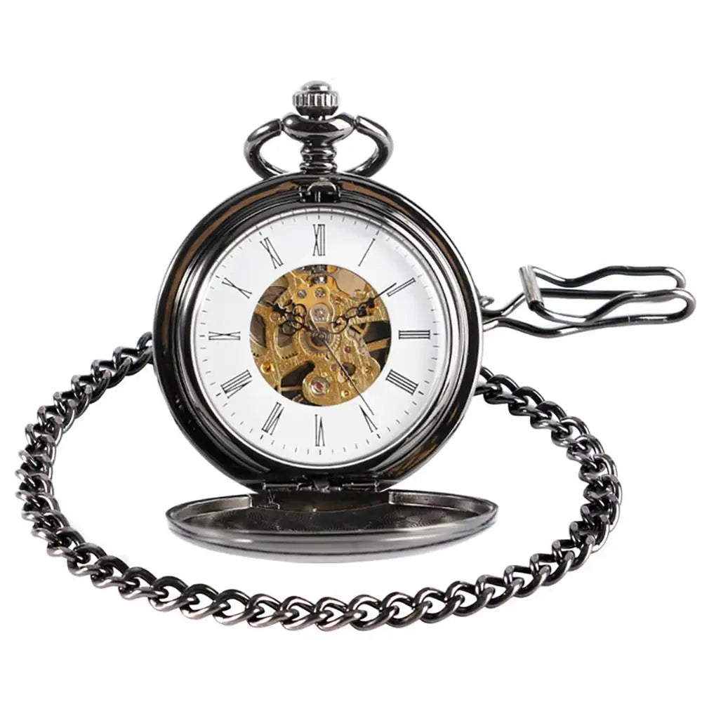 2020 New Arrival Smooth Design Double Full Hunter Skeleton Mechanical Pocket Watch for Men Steampunk Silver Hand Winding Watches