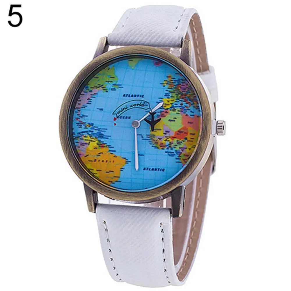 Hot Sale Mini World Fashion Quartz Watch Men Unisex Map Airplane Travel The World Women Leather Dress Wrist Watch Clock Fashion