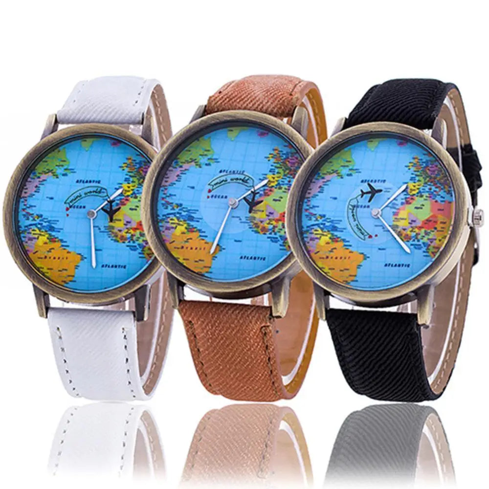 Hot Sale Mini World Fashion Quartz Watch Men Unisex Map Airplane Travel The World Women Leather Dress Wrist Watch Clock Fashion