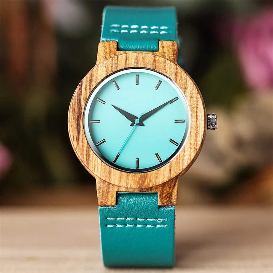 Unique Blue Genuine Leather Quartz Watch Men Women Fashion Minimalist Zebrawood Watch Case Couple Wristwatches Anniversary Gift