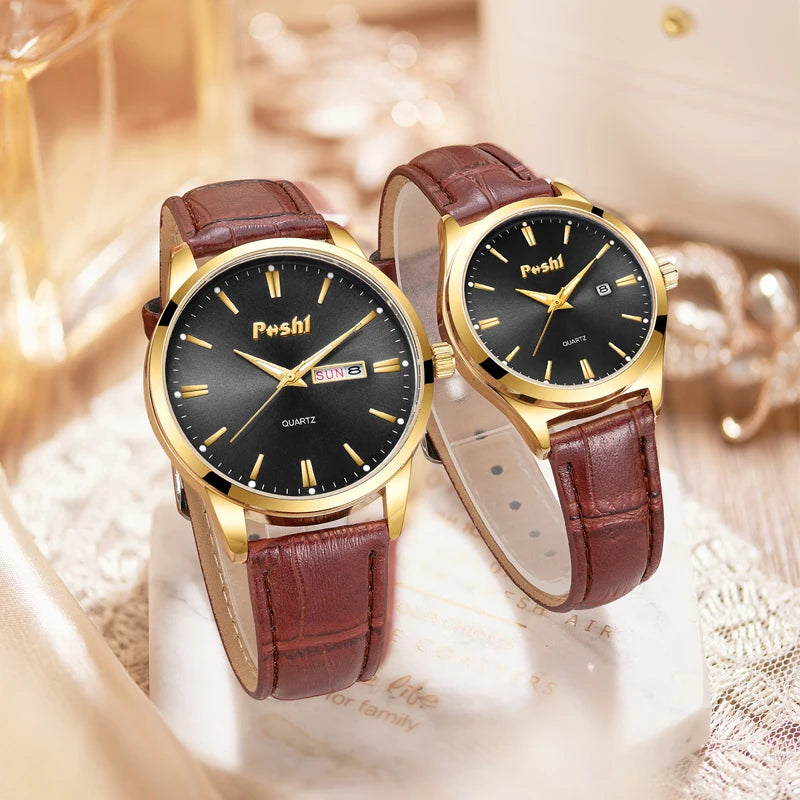 POSHI Luxury Brand Couple Watch Waterproof  Quartz Wristwatch Women And Men Watches Fashion Leather Strap Lover's Watches Gift