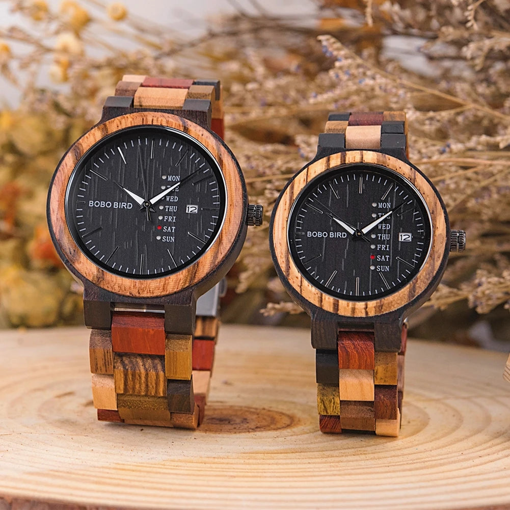 BOBO BIRD Wood Watch Men Women Quartz Week Date Couple Timepiece Colorful Wooden Band Logo Customize Gift Box Wholesale Dropship