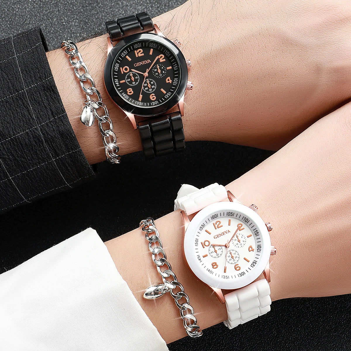 4PCS/Set Couples Watches Fashion Silicone Band Analog Quartz Watch With Heart Bracelets