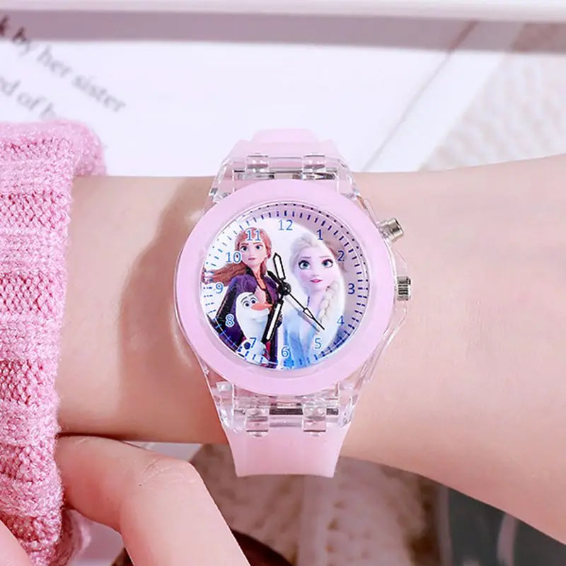 Disney Girls Kids Watches Children Watch Frozen Princess Aisha Sophia Luminous Student Colorful LED Light Women Lady Clock