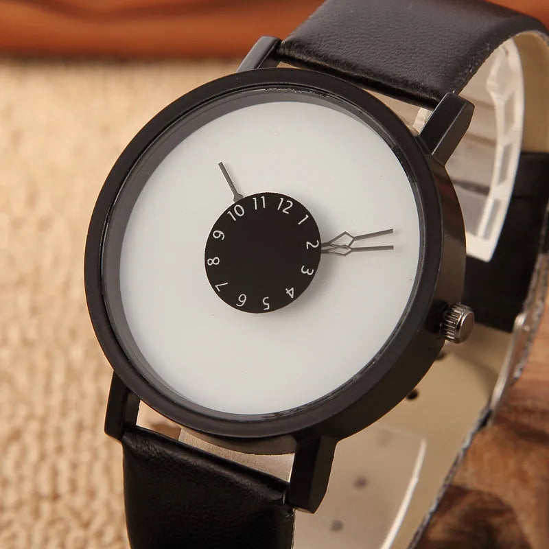 New Concept Personality Reverse Pointer Women Watch  Simple Black and White Couple Wristwatch Belt Men Quartz Watches