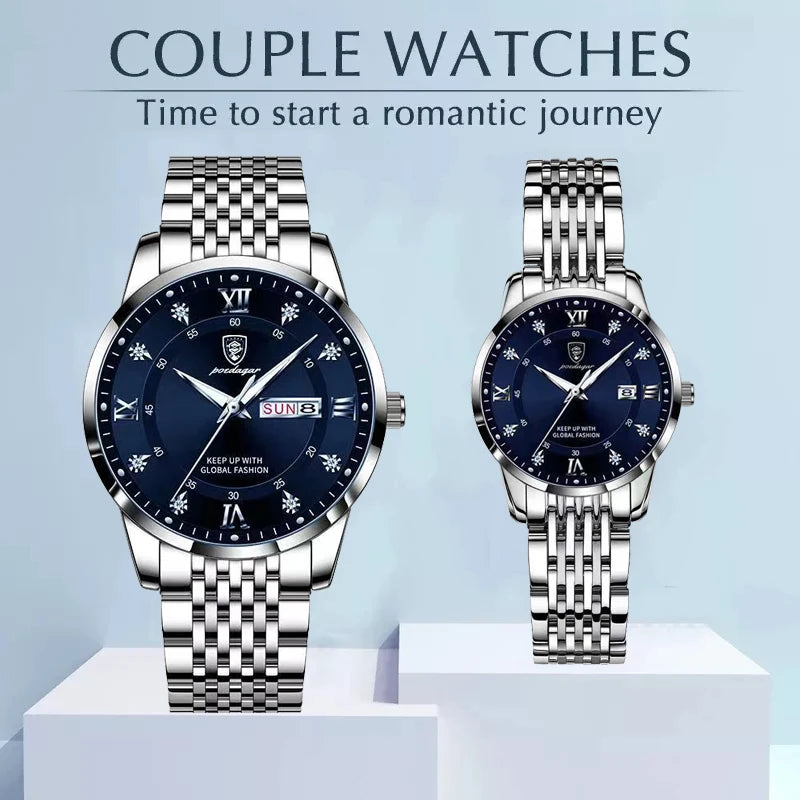 Poedagar Watch Sets for Her and Him Top Brand Luxury Waterproof Stainless Steel Women Men Couple Items for Lovers Reloj Hombre