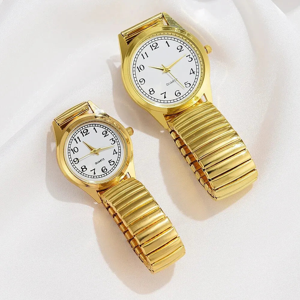 2 PCS Of Gold Retro Round Pointer Quartz Watch Classic Simulation Elastic Band Watch Suitable For Both Male And Female Couples