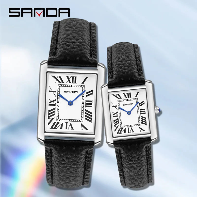 SANDA 1108 9031 Couple Quartz Watch Simple Fashion Small Square Silvery Clock Black Leather Strap Wristwatch for Men and Women