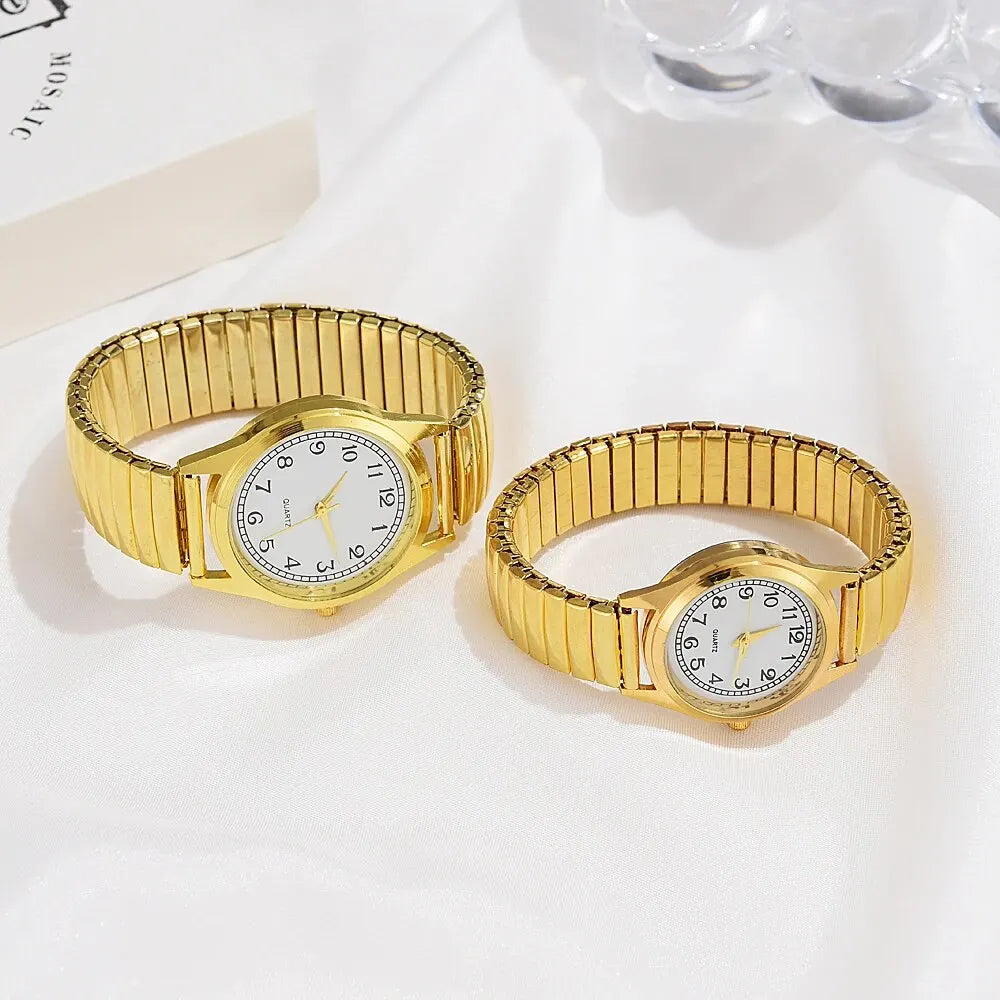 2 PCS Of Gold Retro Round Pointer Quartz Watch Classic Simulation Elastic Band Watch Suitable For Both Male And Female Couples