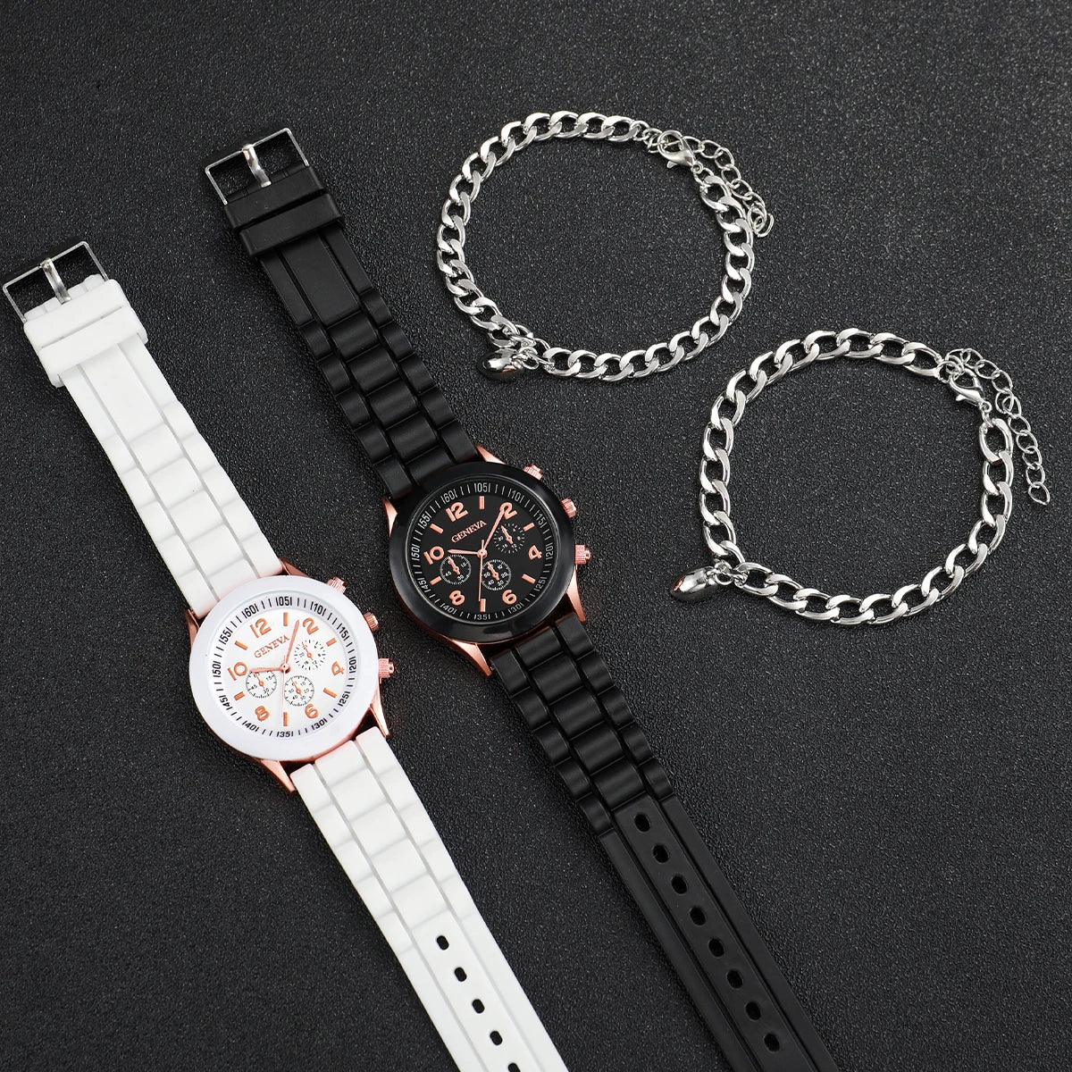 4PCS/Set Couples Watches Fashion Silicone Band Analog Quartz Watch With Heart Bracelets