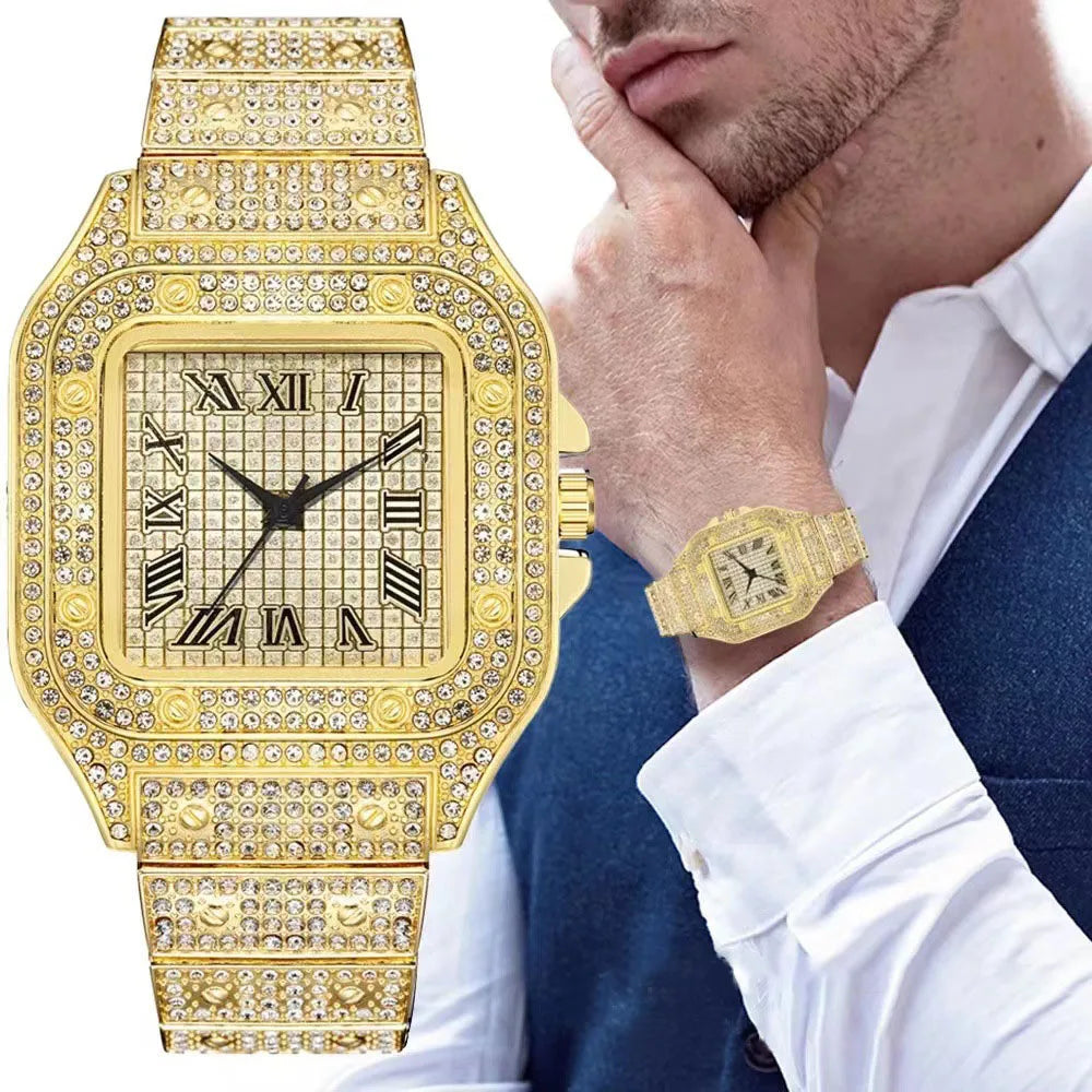 Hip Hop Square Watches for Men Luxury Iced Out Watch Calendar Business Wristwatches Clock Hours