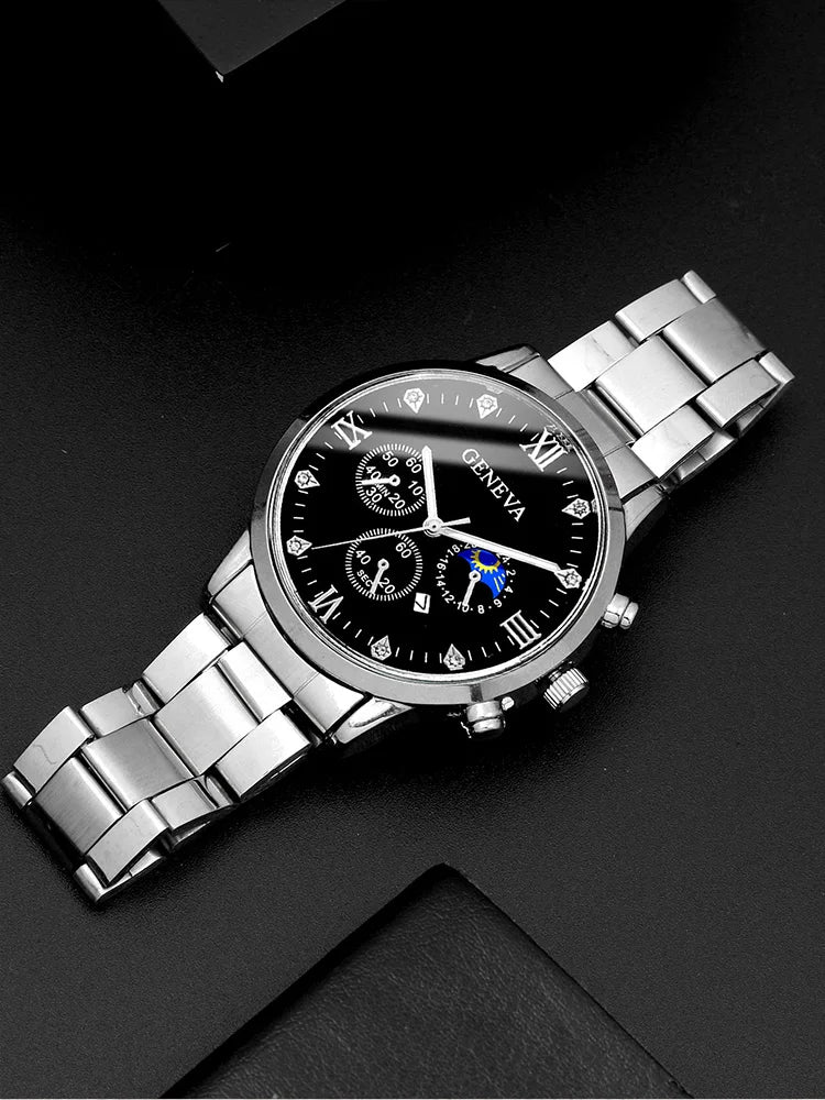 4pcs Fashion Versatile Couple Watch Casual Pair Watch Steel Band Quartz Watch+Couple Necklace