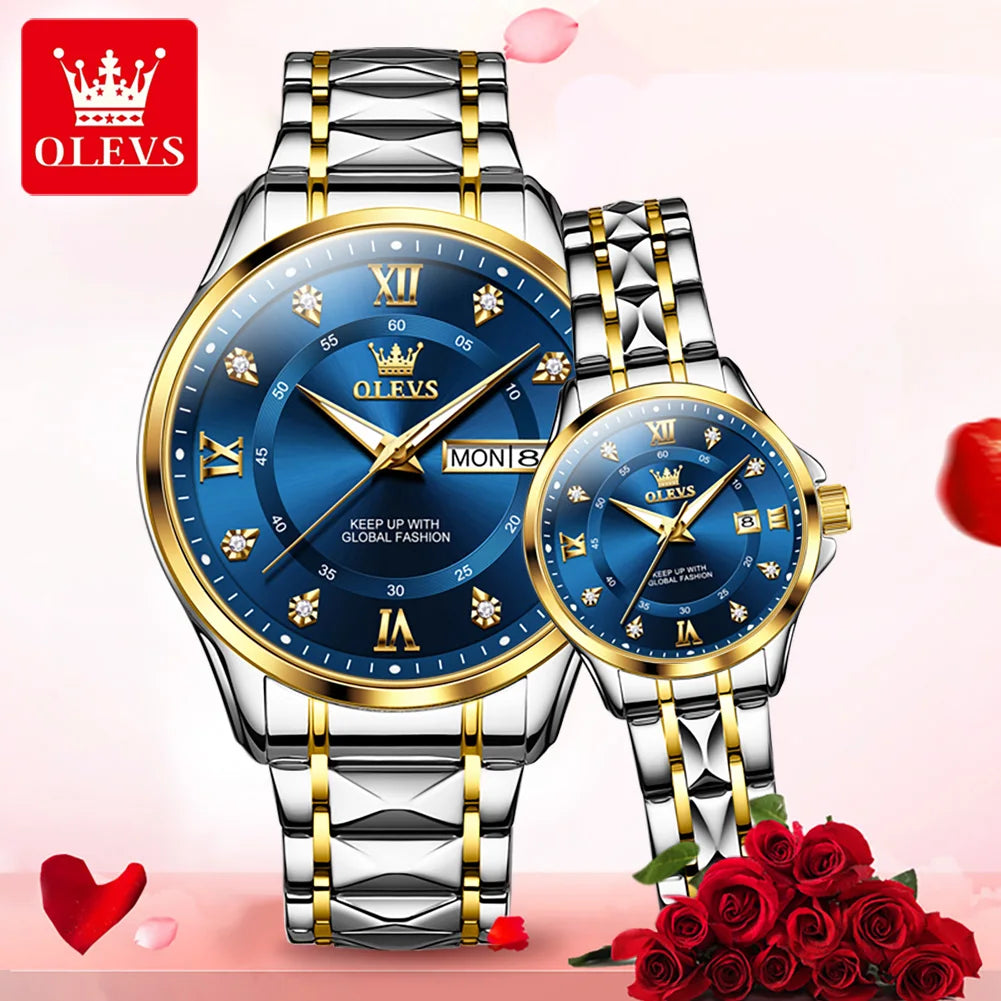 OLEVS Luxury Brand Couple Watch With Date Waterproof Luminous Quartz Watch Romantic Lover Original Men's and women's Watches