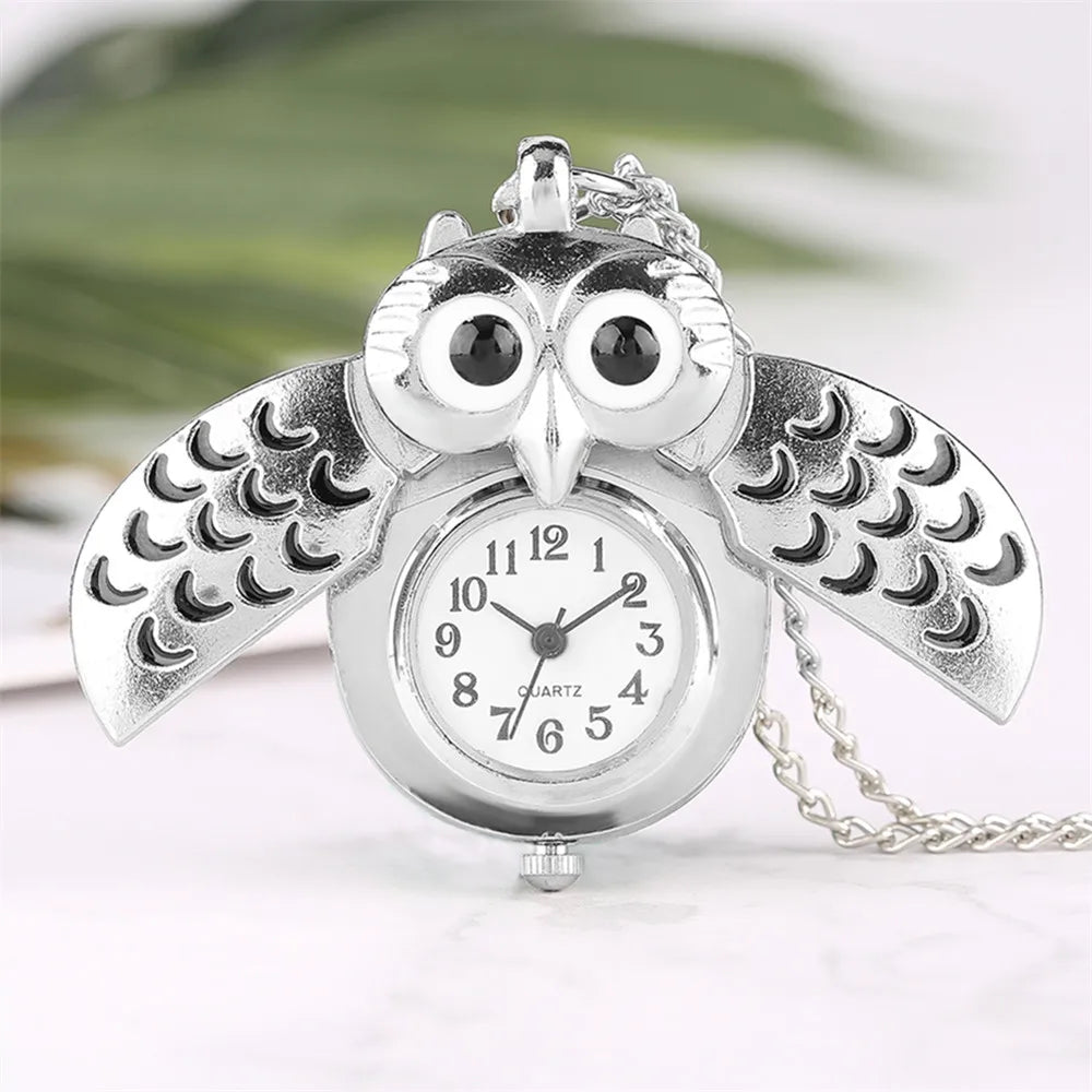 Tiny Cute Owl Shaped Pendant Necklace Pocket Watch for Kid Men Women Retro Quartz Pocket Clock Gifts Arabic Numerals Dial