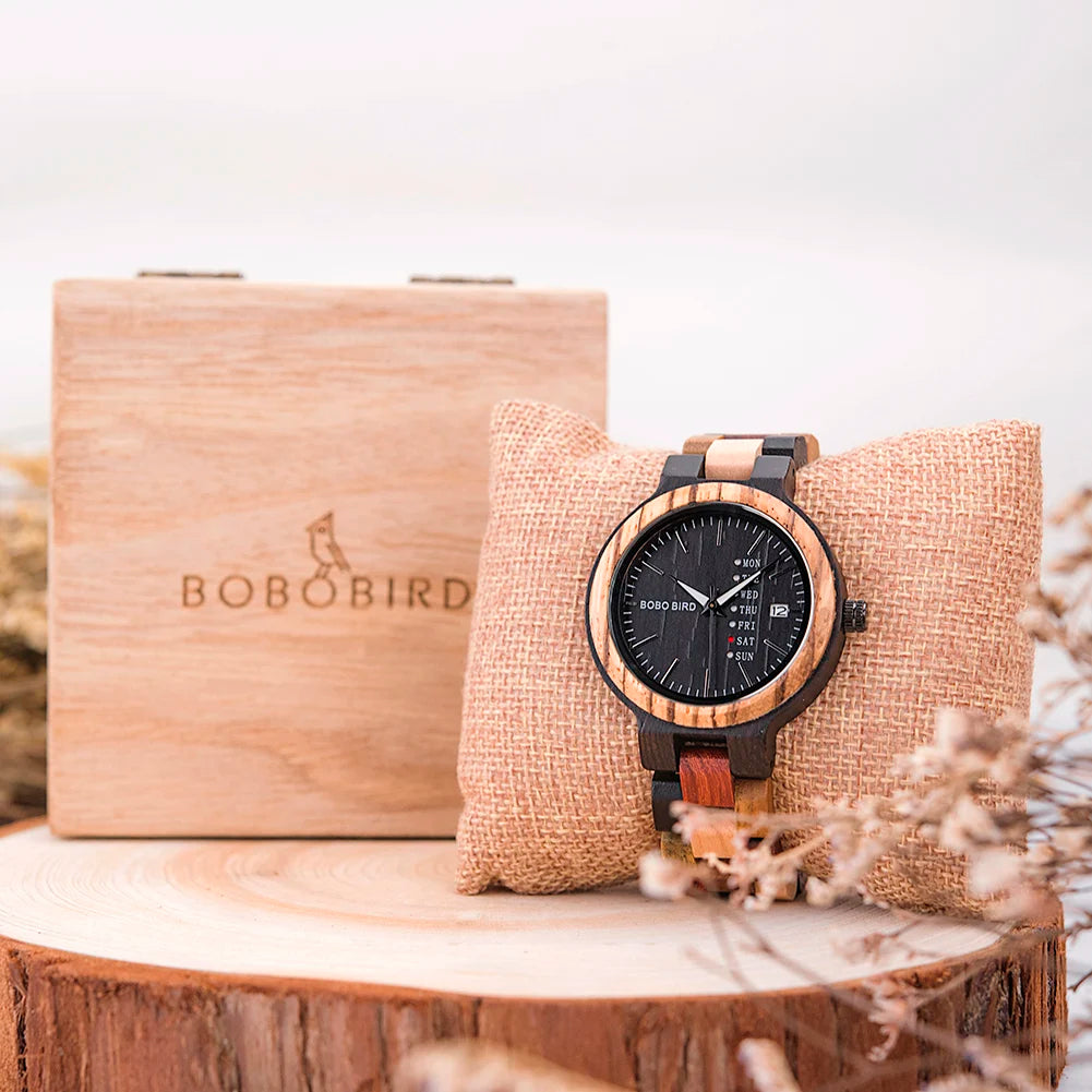 BOBO BIRD Wood Watch Men Women Quartz Week Date Couple Timepiece Colorful Wooden Band Logo Customize Gift Box Wholesale Dropship