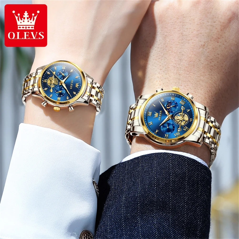 OLEVS Luxury Brand Quartz Couple Watch Waterproof Luminous Lunar Phase Timing Code Watch Lover Date Clock His or Her Watch Set