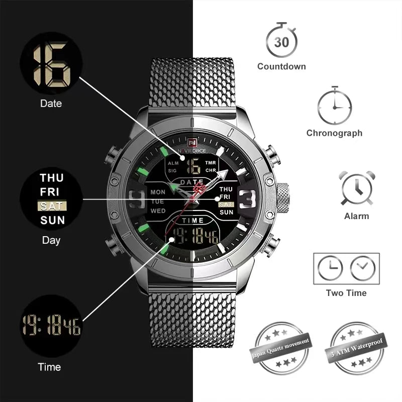 NAVIFORCE Dual Display Quartz Watch For Men Luxury Fashion Popular Waterproof Timing Network Steel Strip Mens Watch Reloj Hombre