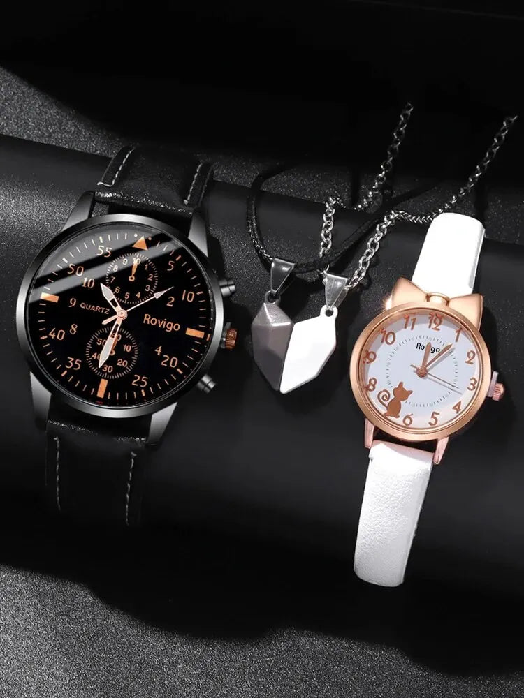 4pcs Fashion Versatile Creative Personalized Men and Women Couple Watch Quartz Watch with Love Pendant Necklace Combination Set