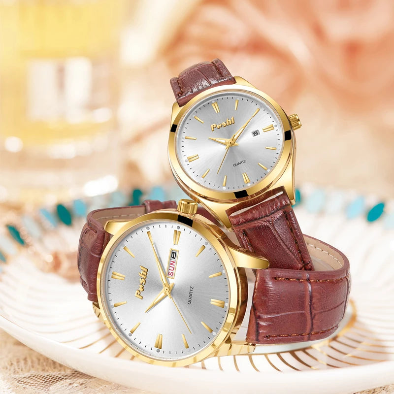 POSHI Luxury Brand Couple Watch Waterproof  Quartz Wristwatch Women And Men Watches Fashion Leather Strap Lover's Watches Gift