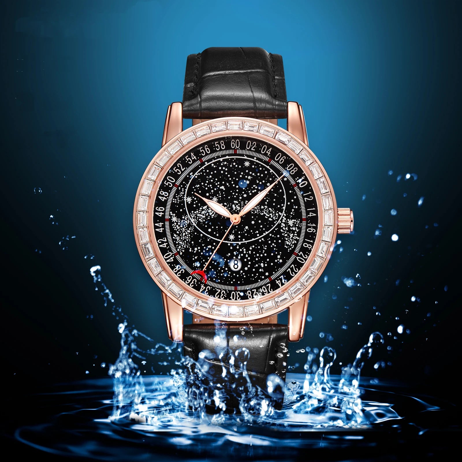 Hot Sale Men Fashion Watch Starry Dial Rose Gold Baguette Diamond Quartz Wrist Watch for Men Waterproof Leather Strap Watches