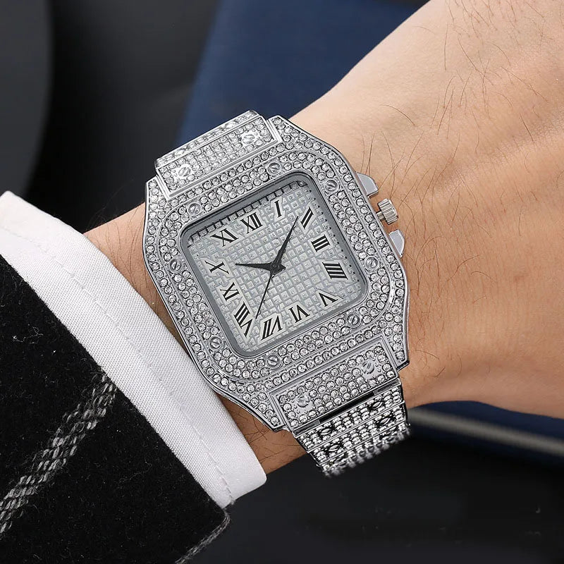 Hip Hop Square Watches for Men Luxury Iced Out Watch Calendar Business Wristwatches Clock Hours