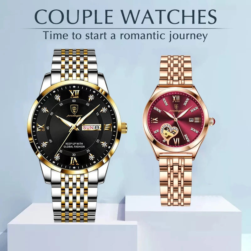 Poedagar Watch Sets for Her and Him Top Brand Luxury Waterproof Stainless Steel Women Men Couple Items for Lovers Reloj Hombre