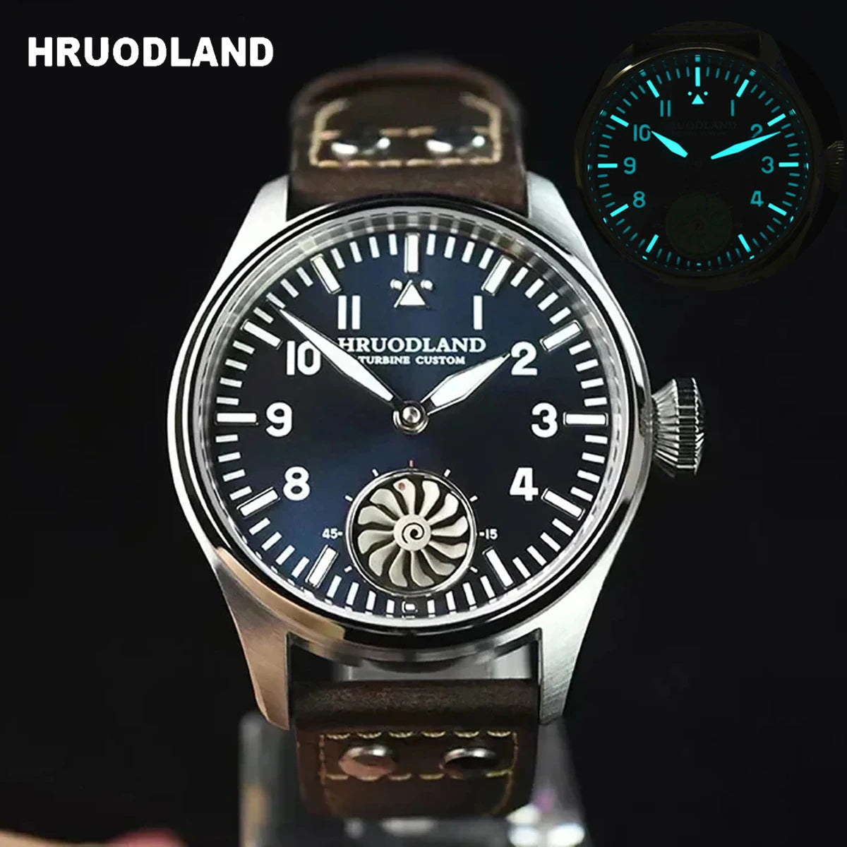 Hruodland 43mm Pilot Men's Manual Mechanical Watch Sapphire Crystal BGW-9 Night Light Turbine Retro Waterproof 5Bar reloj hombre