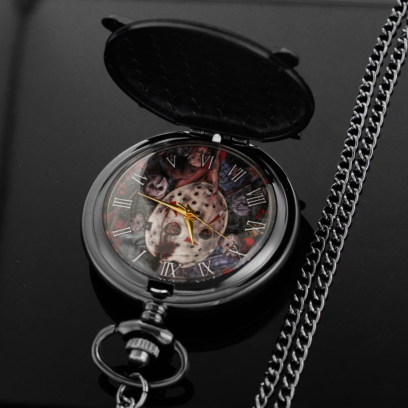 Classic Horror Movie Mask Butcher Black Quartz Pocket Watch Popular Men's Necklace Pendant Women's Children's Jewelry