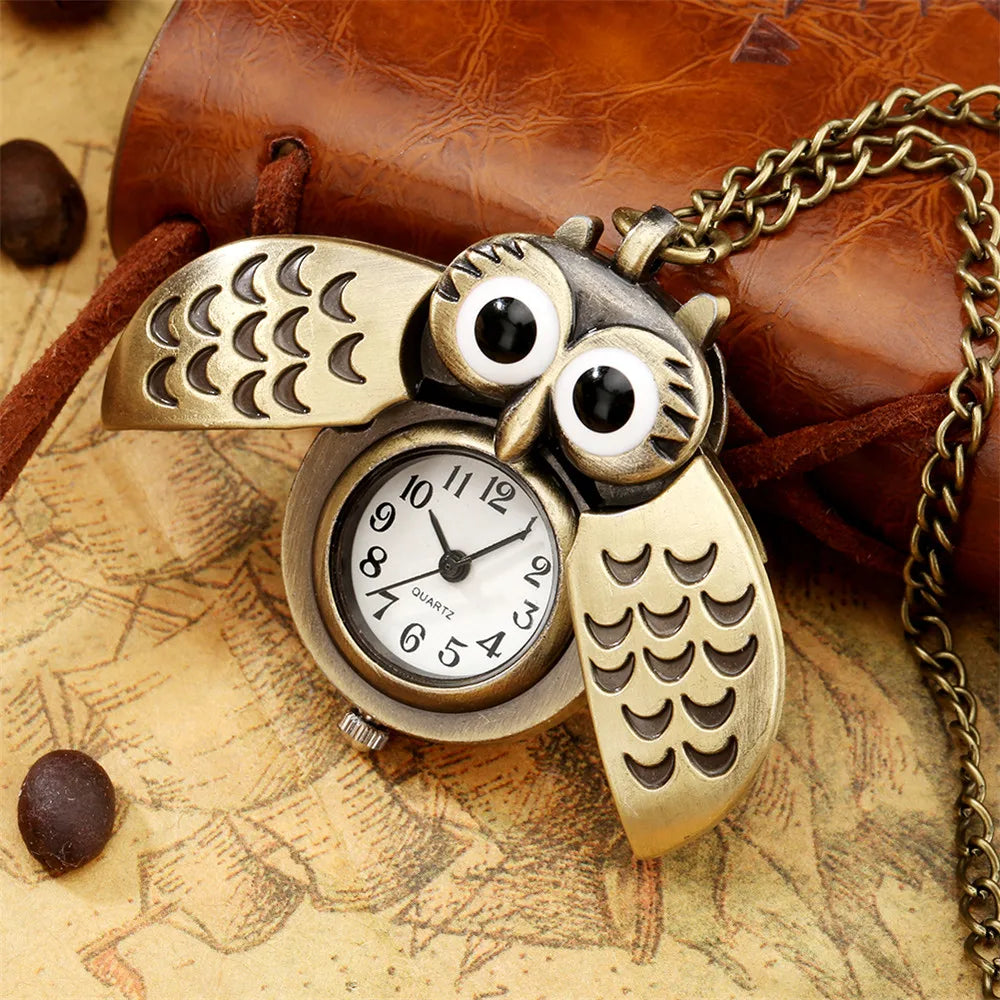 Tiny Cute Owl Shaped Pendant Necklace Pocket Watch for Kid Men Women Retro Quartz Pocket Clock Gifts Arabic Numerals Dial