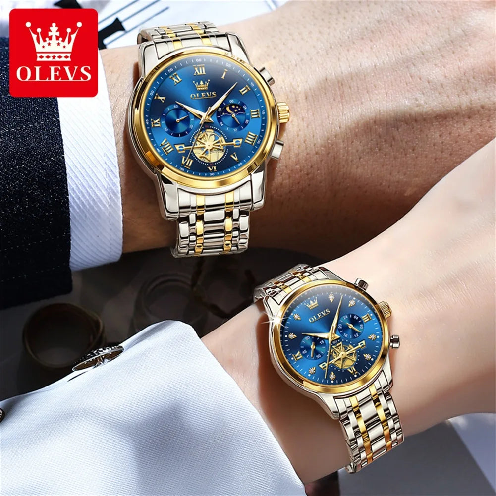 OLEVS Quartz Couple Watch Luxury Brand Waterproof Lunar Phase Timing Code Watch Elegant and Romantic Lover His  Her Couple Watch