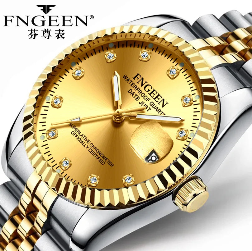 FNGEEN Couple Luxury Gold Clock Diamond-encrusted Men Women Calendar Date Round Quartz Waterproof Watches Relogio Feminino