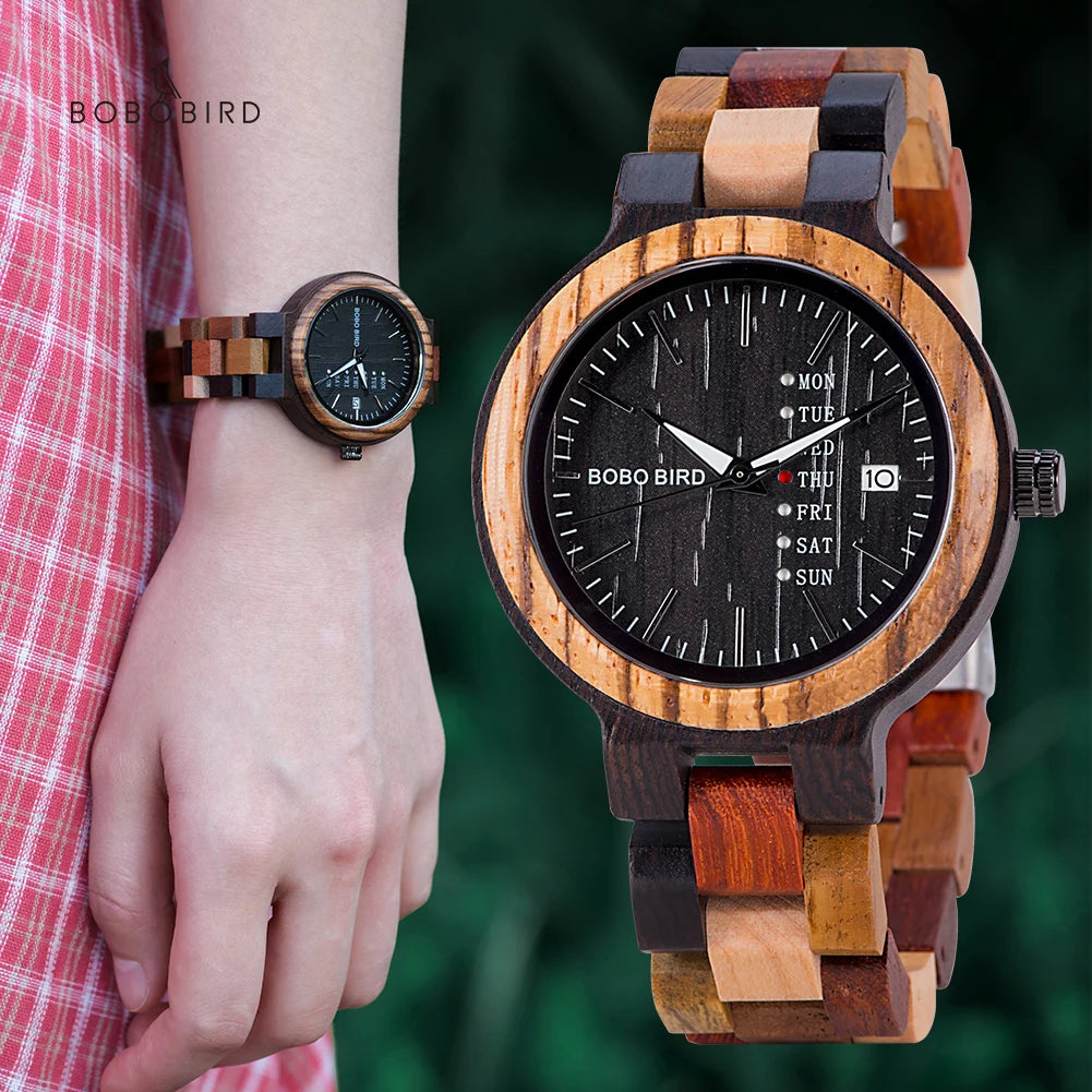 BOBO BIRD Wood Watch Men Women Quartz Week Date Couple Timepiece Colorful Wooden Band Logo Customize Gift Box Wholesale Dropship